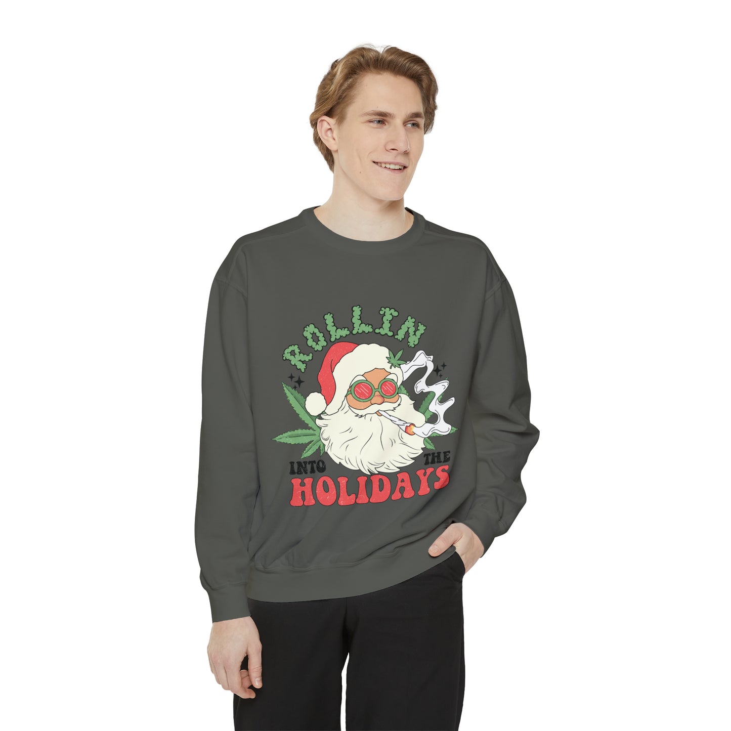 Rollin Into the Holidays Santa Unisex Garment-Dyed Sweatshirt