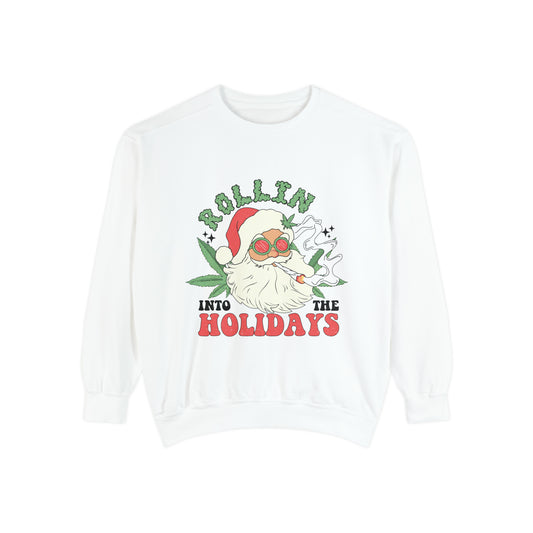 Rollin Into the Holidays Santa Unisex Garment-Dyed Sweatshirt