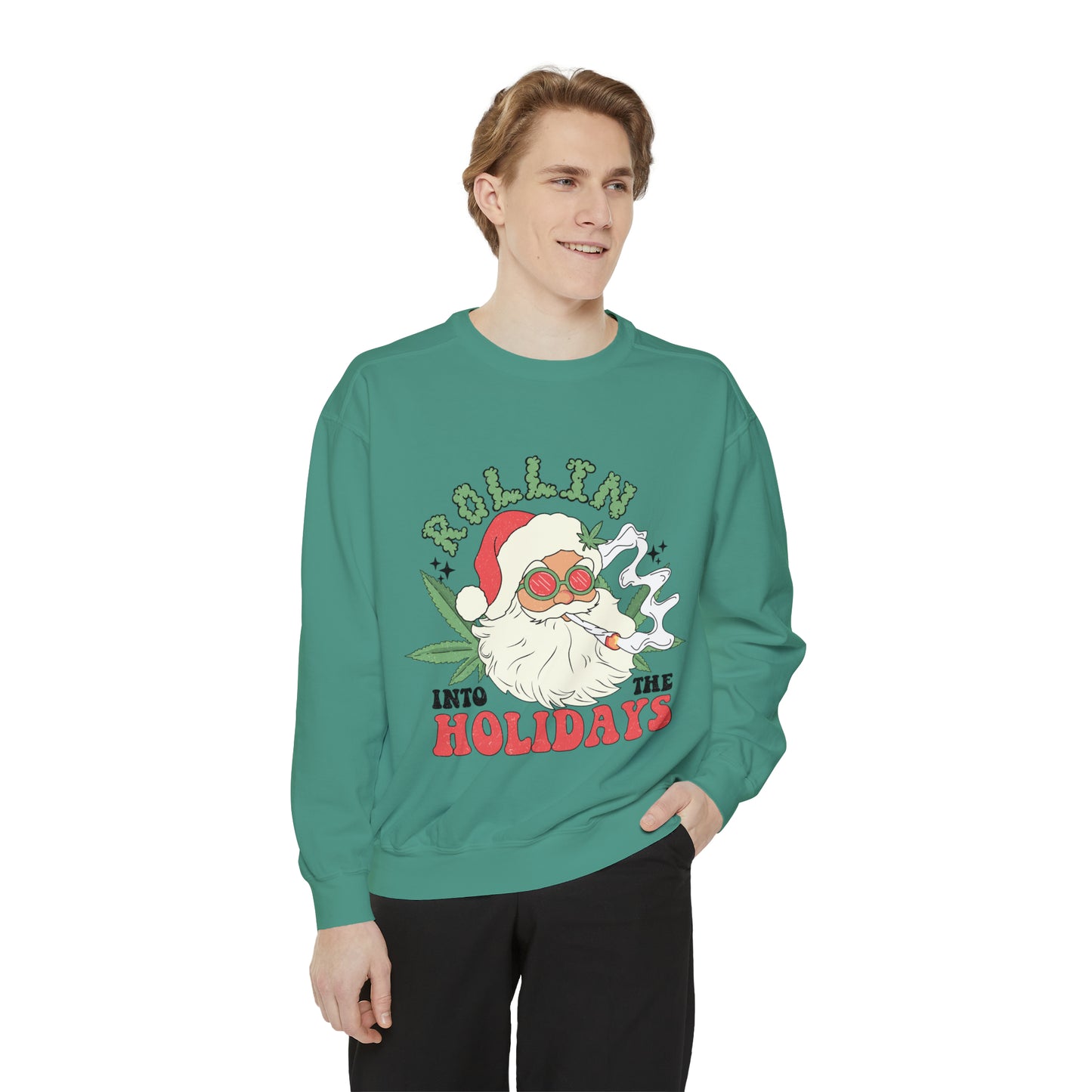 Rollin Into the Holidays Santa Unisex Garment-Dyed Sweatshirt